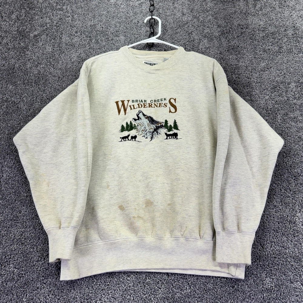 Vtg Briar Creek Sweatshirt Mens Large Beige Fleece Wolf Wilderness Graphic